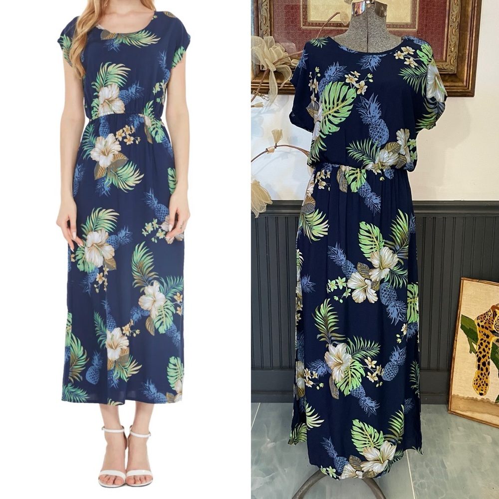 NWT Hawaii Hangover Molokini Pineapple Garden Navy Floral Maxi Dress Size M💚🎀